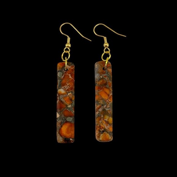 Orange Jasper Impressions Pyrite Earrings Natural Gemstones Gold Plated - Picture 2 of 10